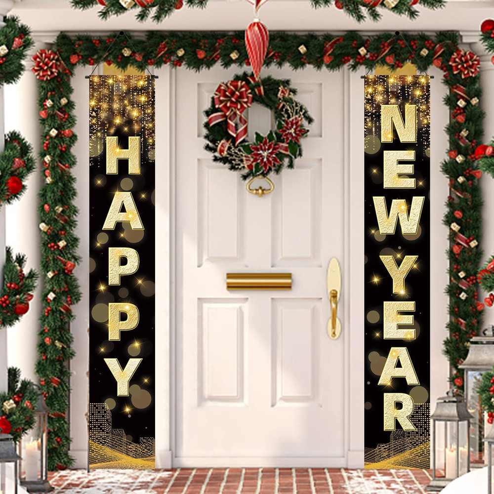Happy New Year Banner, 72 X 12 Inch Large Front Door Porch Sign Hanging Banner D