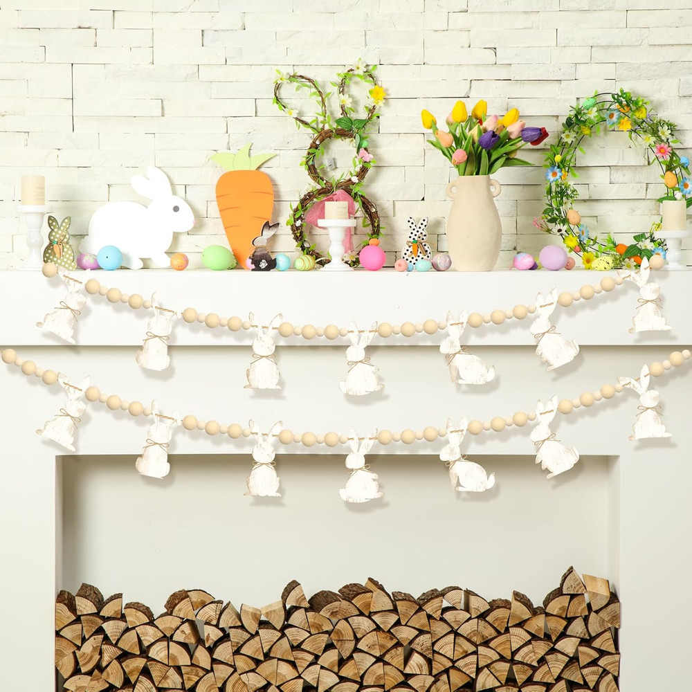1 Set Easter Mantle Garland 6.56 Ft Wood Bunny Easter Beads Banner Rabbits Hangi