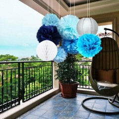 13 Tissue Paper Flowers Pom Poms Decorations Blue Bright Colorful Large Assorted