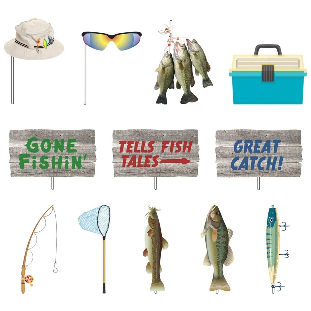 12 PCS Gone Fishin Photo Booth Props Stick Paper Accessories Party Decor