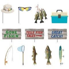 12 PCS Gone Fishin Photo Booth Props Stick Paper Accessories Party Decor