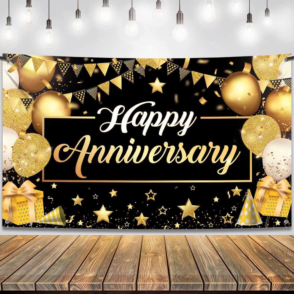 KatchOn, XtraLarge Happy Anniversary Banner – Extra Large, Black and Gold