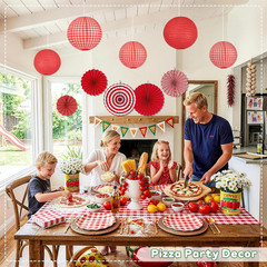 15 Pcs Red Gingham Party Decorations, 12 Inch Hanging Paper Lanterns and Fans fo