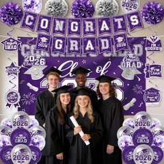 Purple and Silver Graduation Decorations 2026 Set, All-In-1 Kit with Congrats Gr
