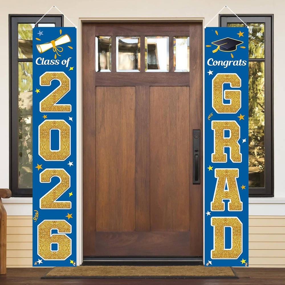 Graduation Decorations Class of 2026, Blue & Gold Congrats Grad Banner Hanging F