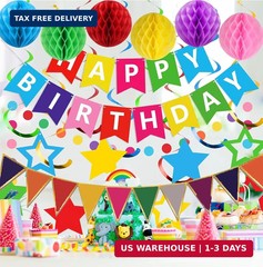 Colorful Birthday Decorations, Happy Birthday Banner with Honeycomb Balls, Stars