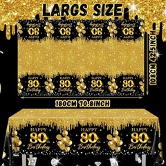 80th Birthday Tablecloth, 3Pcs Black Gold 80th Birthday Decorations Table Cloth