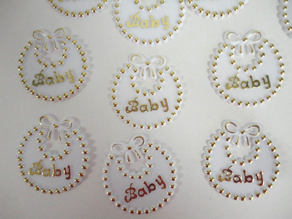 36 Plastic 2 1/4 Gold and White Baby Bibs for your Baby Shower Decoration