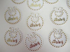 36 Plastic 2 1/4 Gold and White Baby Bibs for your Baby Shower Decoration