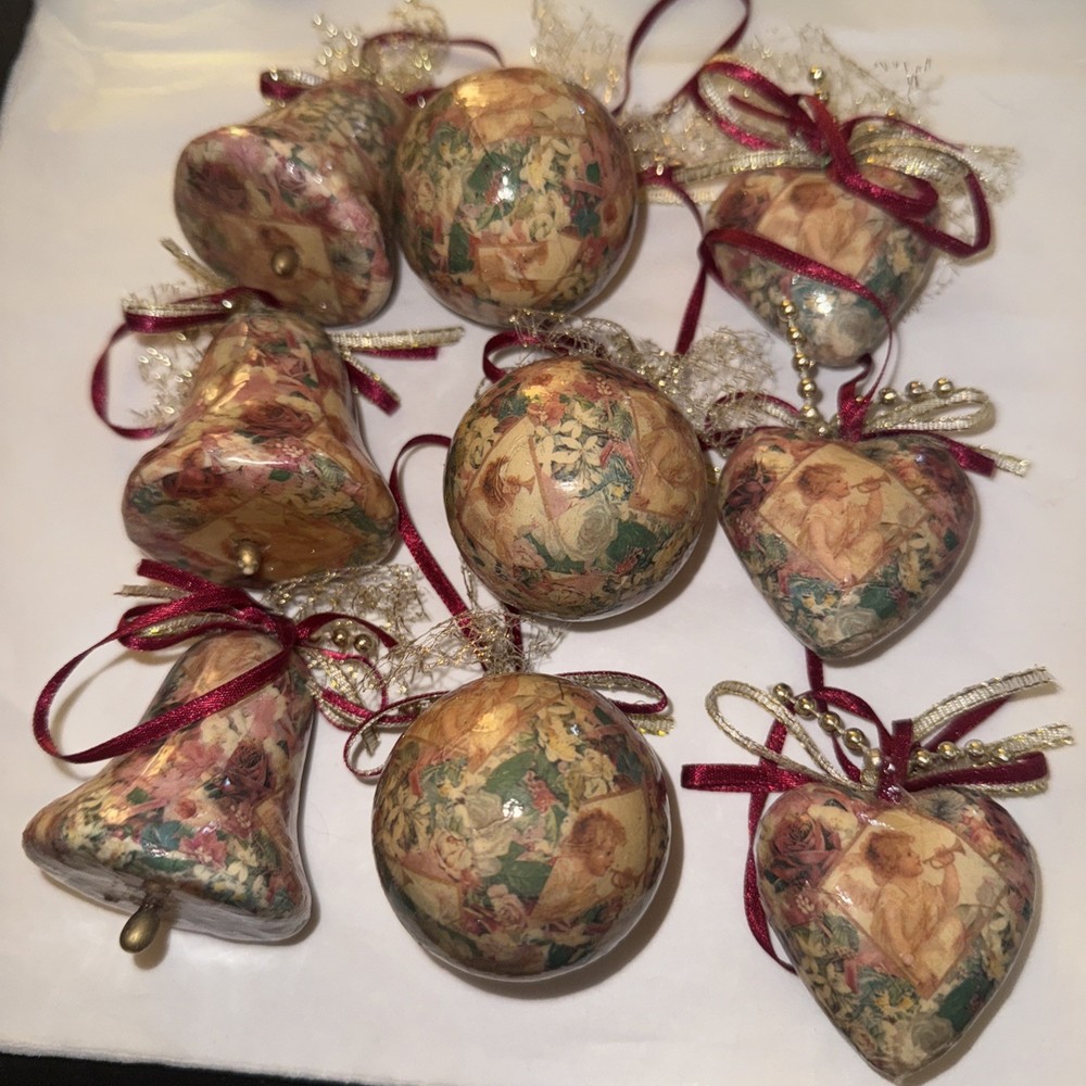 Set Of 9 Vintage Baubles Multicoloured Various Sizes Hanging Decorations