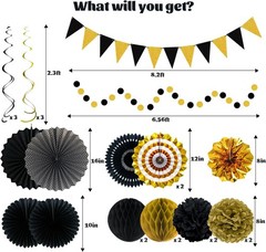 24 Pcs Black and Gold Party Decorations, Paper Fans Pom Poms Garland Decor | …