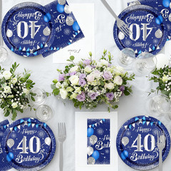 40th Birthday Decorations for Men,61Pcs Blue Silver 40th Birthday Decorations Ta