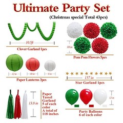 43Pcs Red, Green & White Party Decorations Supplies – Paper Pom