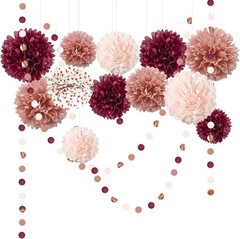 Bachelorette Party Decorations – 15Pcs Burgundy Rose Gold Tissue Pom Poms Cir…
