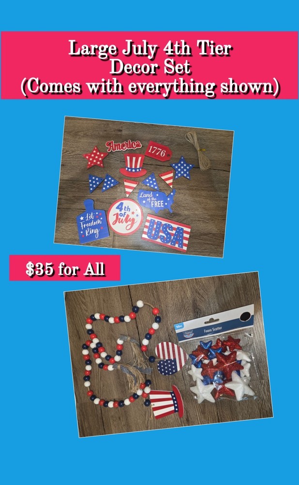 July 4th Patriotic Tiered Table Decor Set, Multicolor Stars Wood Foam Plastic
