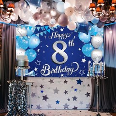 XtraLarge Silver and Blue Happy 8th Birthday Banner – 72×44 Inch | 8th Backdrop