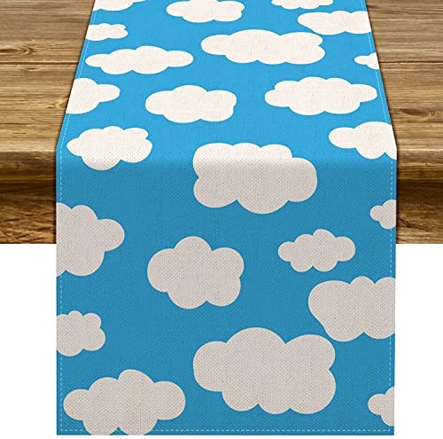 Linen Blue Sky White Cloud Table Runner Boy Girl Baby Shower Happy 13″ x 108″