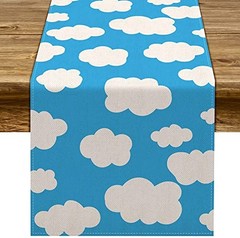 Linen Blue Sky White Cloud Table Runner Boy Girl Baby Shower Happy 13″ x 108″
