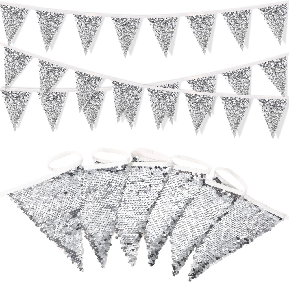 2026 Graduation Decoration 32.8ft Silver Sequin Fabric Triangle Pennant Banner F
