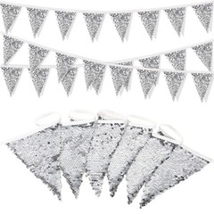 2026 Graduation Decoration 32.8ft Silver Sequin Fabric Triangle Pennant Banner F
