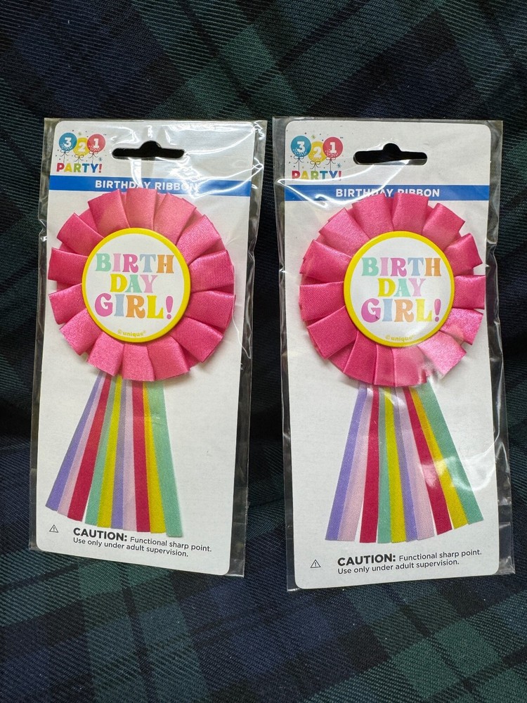 2 – 321 Party! Multicolor Birthday Ribbon Girl Pink Badge