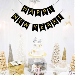 Happy New Year Banner Black Bunting with Gold Alphabet for New Year Party Suppli