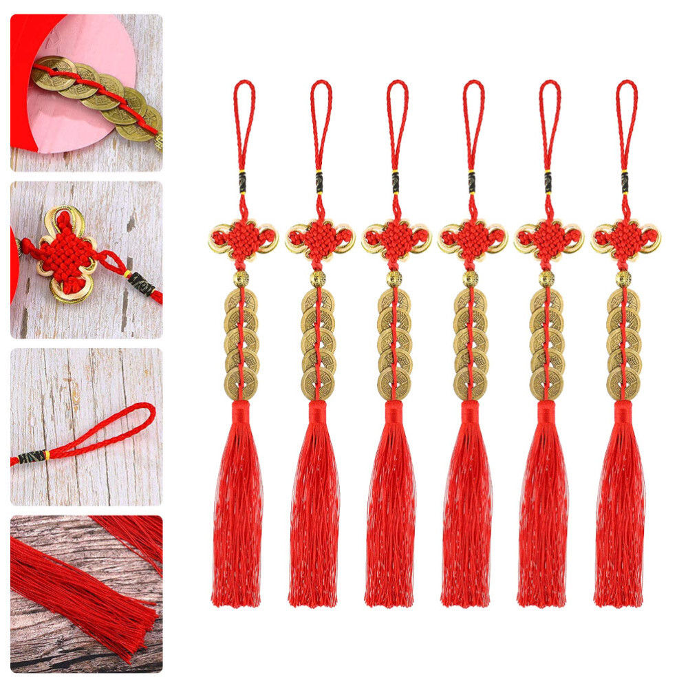 6 Pcs Chinese Coins Feng Shui Lucky Charm Pendant Qing Dynasty Style Craft Knot