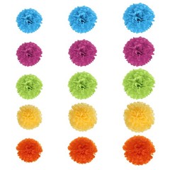 15pcs Paper Pom Poms, Orange/Dark Rose Red/Goose Yellow/Fruit Green/Lake Blue