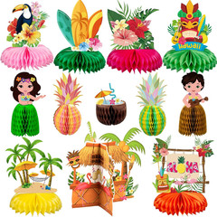 12Pcs Hawaiian Luau Party Table Decorations – Double Sided Aloha Flamingo Honeyc