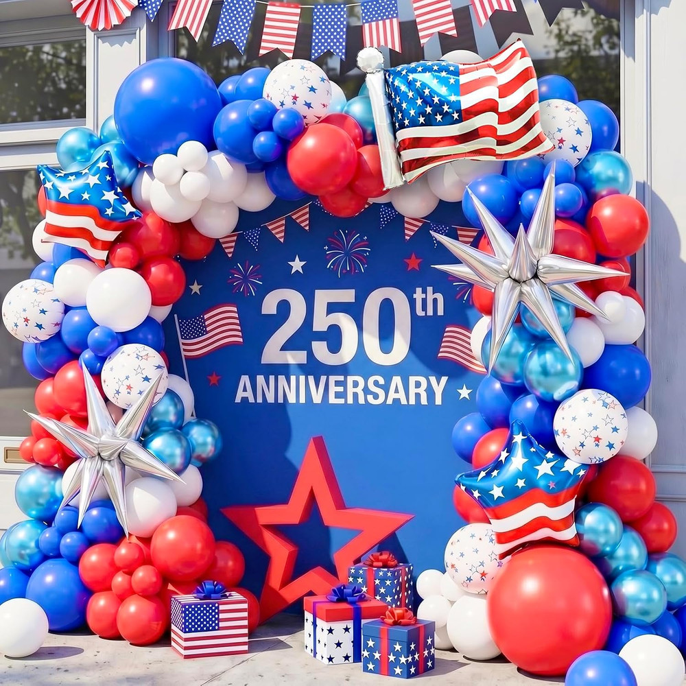 4Th of July Balloon Arch Kit, 146Pcs Red White and Blue Balloons with Star Print