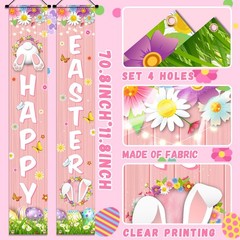 Happy Easter Decorations Colorful Flowers Eggs Bunny Pink Porch Sign Door Banner