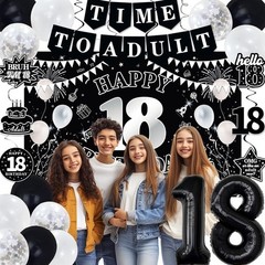Decorations for Boys Girls, Black White Happy 18th Birthday Party Decorations, T