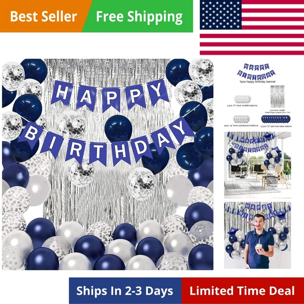 Birthday Decorations for Men Blue White Party Decor Supplies Boy Including Happy