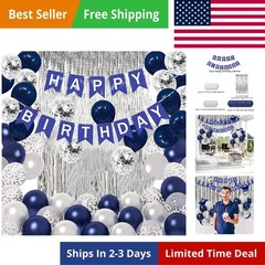 Birthday Decorations for Men Blue White Party Decor Supplies Boy Including Happy