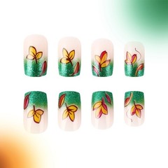 French Tip Press on Nails Square False Nails with Maple Leaf Artificial Nail