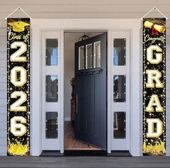 Black Gold Graduation Decorations Class of 2026 Congrats GRAD Porch Sign Banner