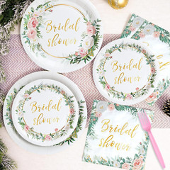 Bridal Shower Decorations Party Tableware – Pink and Gold Floral Paper Plates,De