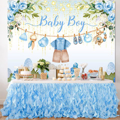 Blue Floral Baby Shower Backdrop Banner Decorations for Boy,Watercolor Flower Oh