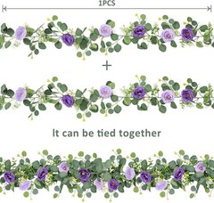 2 Pack 13Ft Artificial Eucalyptus Flower Garland with Purple Roses, Fake Rose