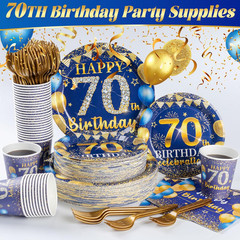 250PCS 70Th Birthday Party Decorations for 50 Guests Blue and Gold Party Supplie