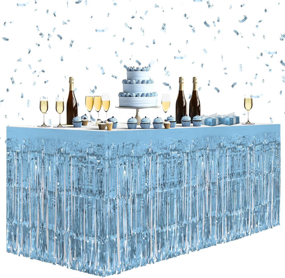 2 Pack Light Blue Table Skirts, 29X108″ Metallic Foil Tinsel Fringe Table