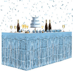 2 Pack Light Blue Table Skirts, 29X108″ Metallic Foil Tinsel Fringe Table