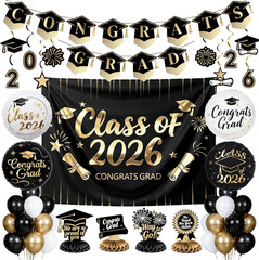 Graduation Party Decorations 2026 Grad Party Supplies Set Black Gold White 40Pcs