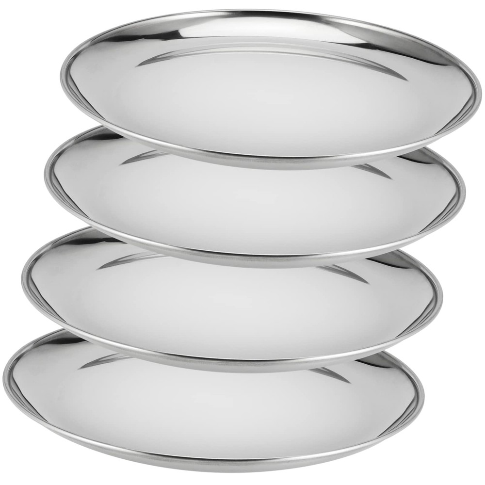 MUKCHAP 4 PCS 10 Inch Stainless Steel Plates, Round Metal Medium, Silver