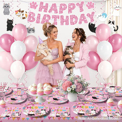 213Pcs Cat Birthday Decorations, Complete Paper Tableware Set Includes 350Gsm Pl