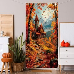 Fall Banner Door Cover,Leaves Castle Decor Thanksgiving Orange
