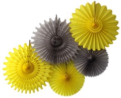 Sun Storm Yellow Gray Tissue Paper Party Fan Collection (5 Fans)