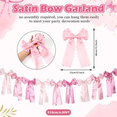 Pink Bow Garland Decor for Coquette Party Decorations, Pre-Strung Pink Satin …