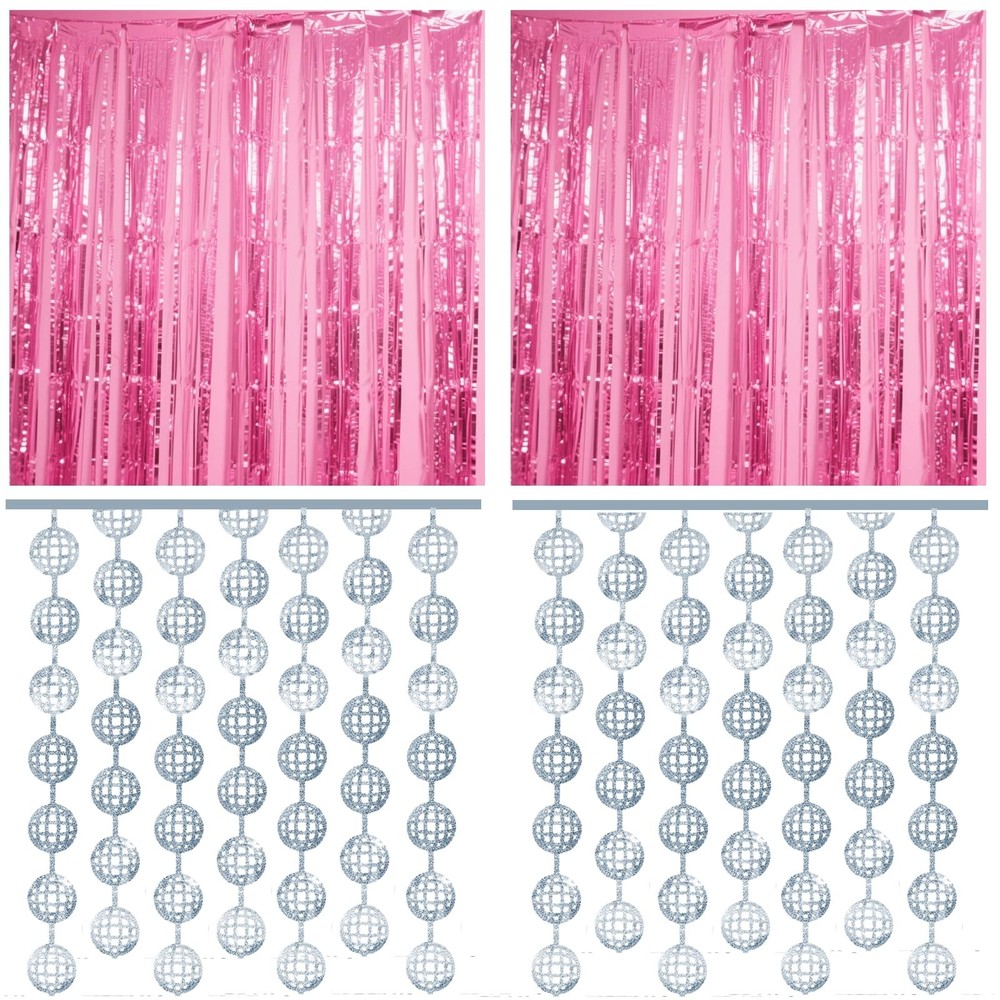 Disco Party Decorations Set – 2 Silver Tinsel Fringe Curtains & 2 Pink Backdrops