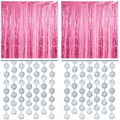 Disco Party Decorations Set – 2 Silver Tinsel Fringe Curtains & 2 Pink Backdrops